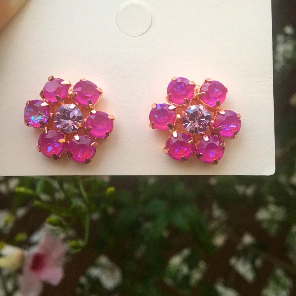 Fuchsia-Hot Pink + Violet Crystal Flower Earrings - Picture 12 of 15